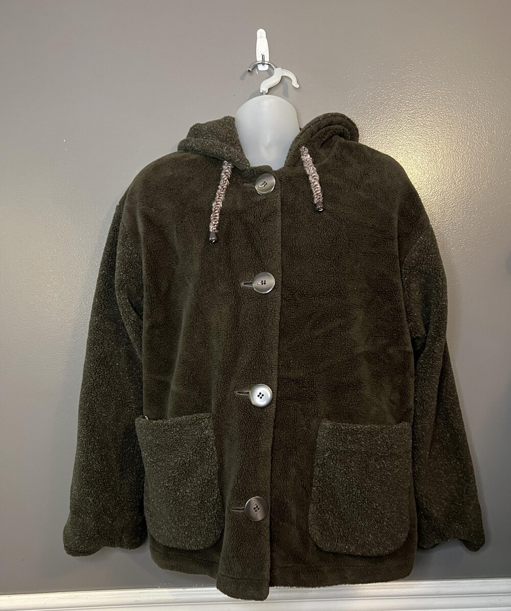 BB Dakota Jacket Womens Medium Olive Reversible Hooded Fleece Button 15099